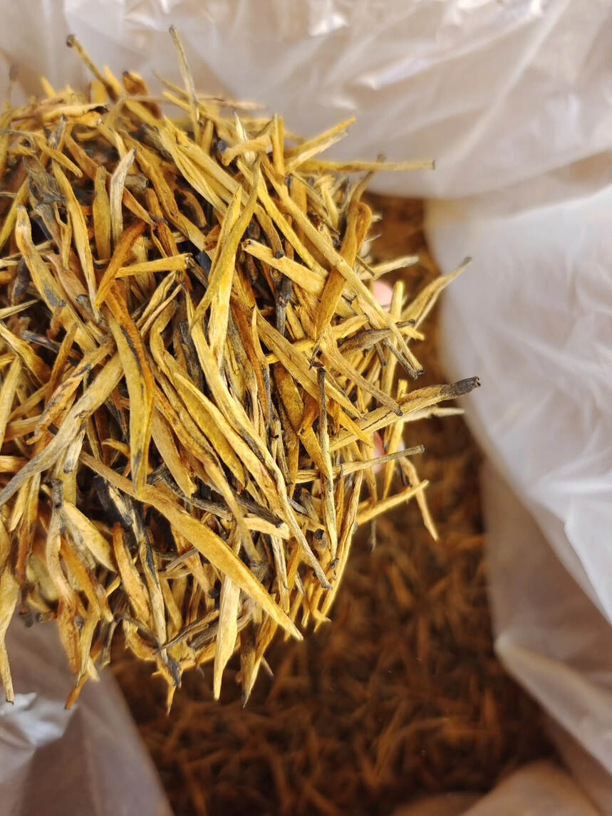 滇红大金针，其外形金毫披露,芽尖茶色金黄鲜明,干茶麦