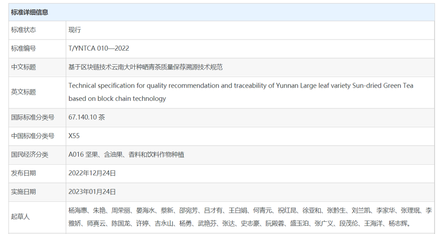 阮殿蓉等人起草！云南大叶种晒青茶质量保荐溯源技术规范明年实施